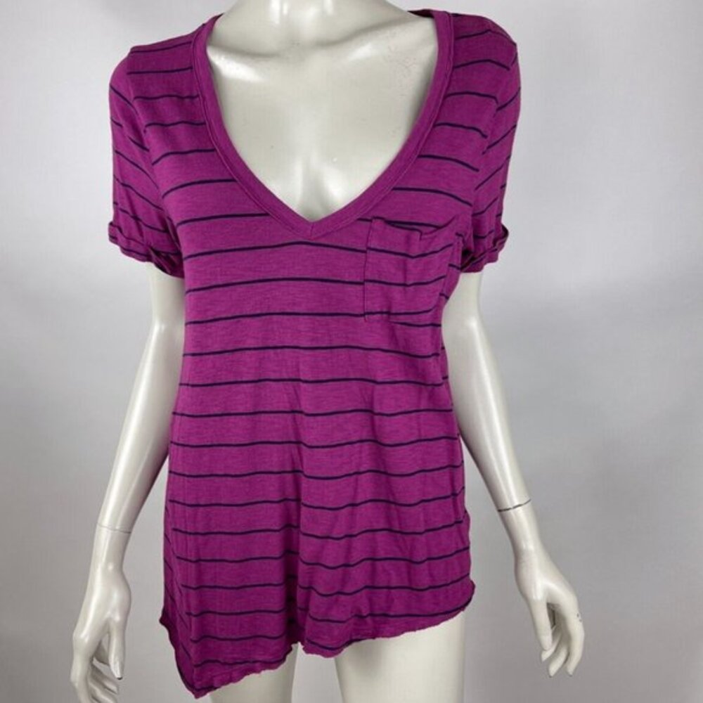 Anthropologie Striped Tee Shirt Women M NWT Short Sleeve Deep Vneck Asymmetrical